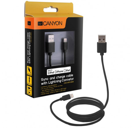 Canyon CNS-MFICAB01B Ultra-compact MFI Cable, certified by Apple, 1M length , 2.8mm , black c Кабель CANYON - pestovo-experts.ru – фото 1