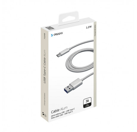 Deppa Alum USB Type-C - USB Type-C, алюминий/нейлон, USB 2.0, 3A, 1.2м, 1.2м, серебро, Deppa Кабель  DEPPA - pestovo-experts.ru – фото 1